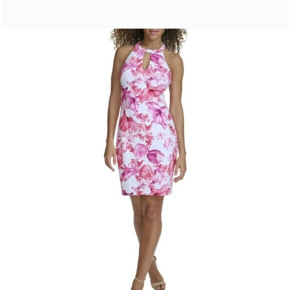 Siena pink & white printed crepe keyhole, scuba halter, mini dress size 12 NWT - Picture 1 of 4